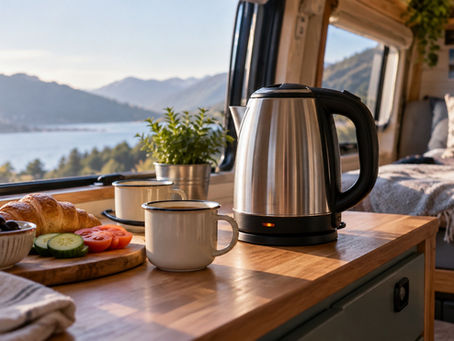 Karavan tezgâhında kahvaltı için kompakt kettle