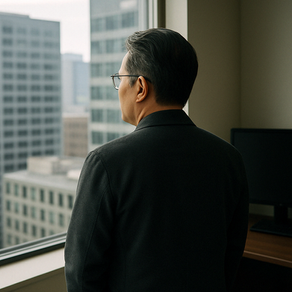 Middle-aged Asian man with glasses standing in a corporate office with his back to the camera, looking out of a tall window at a city skyline. The mood is calm and introspective, highlighting a moment of pause in a professional setting.