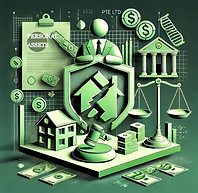 This image represents the risks to personal assets in a private company (Pte Ltd), designed in a sleek, modern style with green as the primary color to symbolize caution and legal compliance. It features abstract elements such as a person holding assets like homes and money, alongside legal documents and scales of justice. A breaking shield or cracking barrier symbolizes vulnerability and the consequences of non-compliance with the Companies Act, making directors personally liable. The minimalist design, with clean lines and geometric shapes, highlights legal risk, personal liability, and compliance issues. This image is ideal for search engines focusing on topics like business law, asset protection, and company compliance and D&O Insurance.
