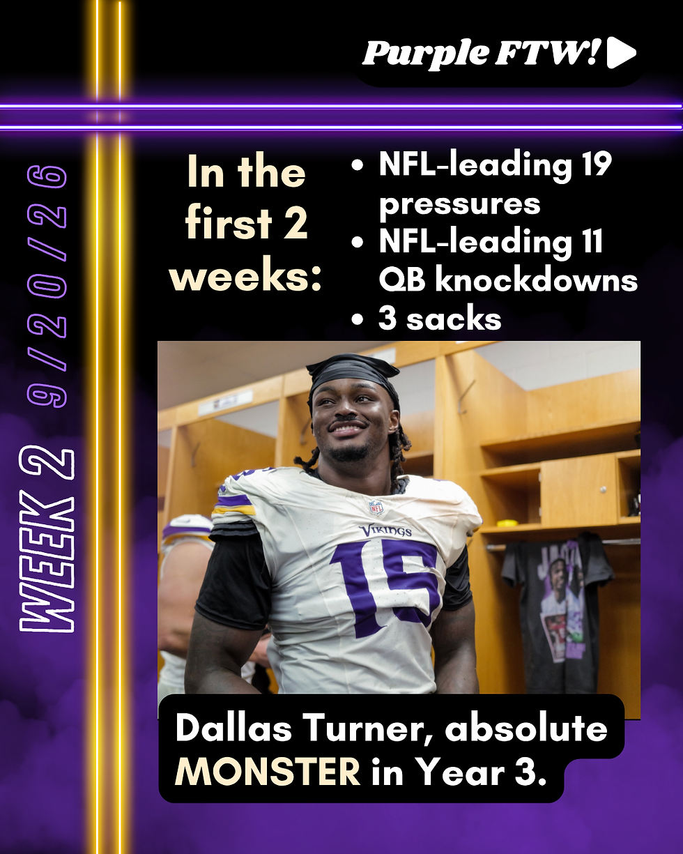 Dallas Turner smiles in a Vikings locker room graphic with NFL stats, Purple FTW, and Week 2 text calling him a monster in Year 3.
