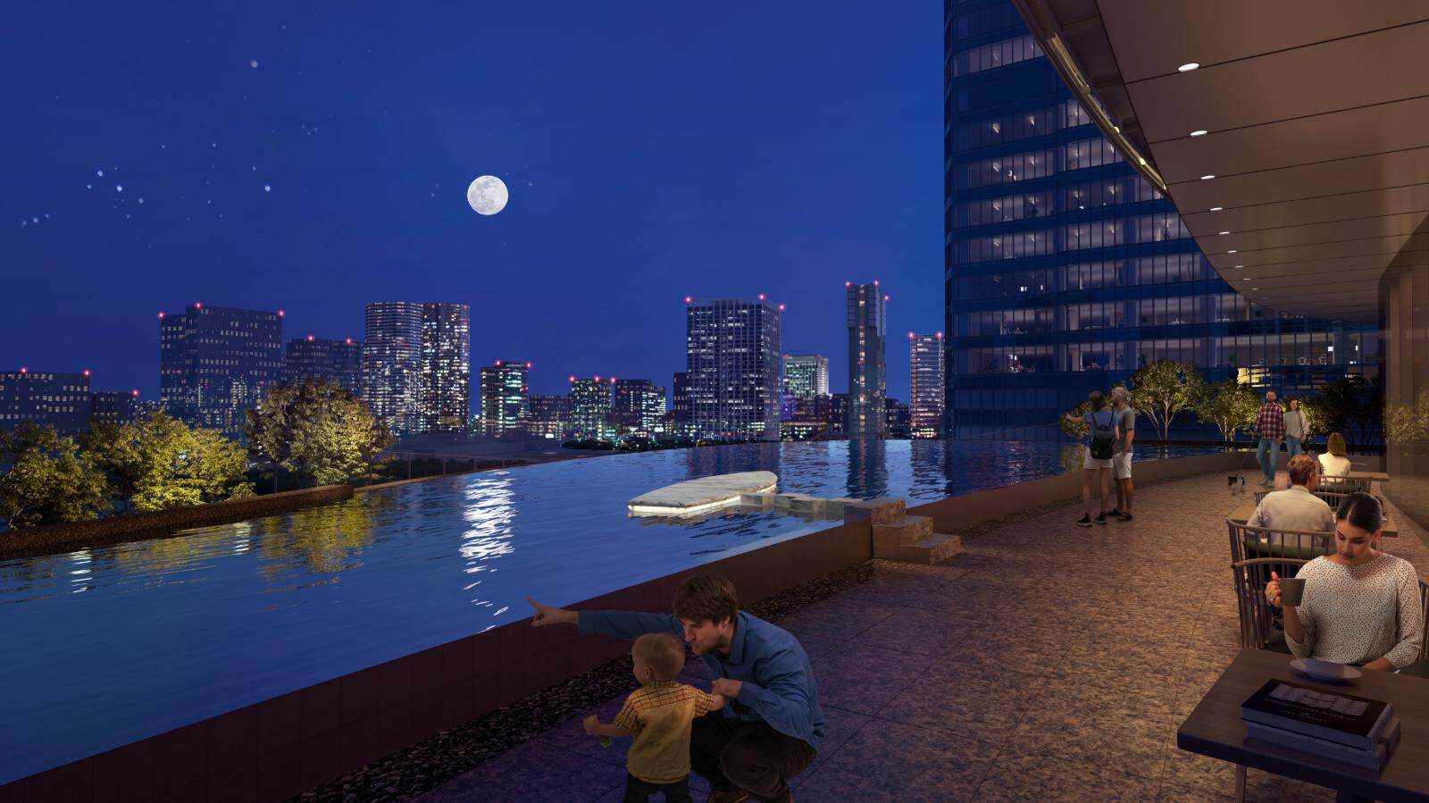 人群聚集在 MoN Takanawa 敘事博物館頂樓的賞月露台