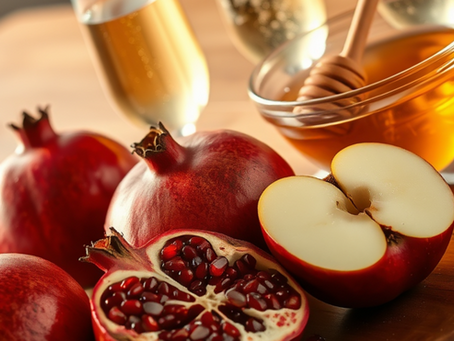 תפוח ורימונים על שולחן עץ עם דבש