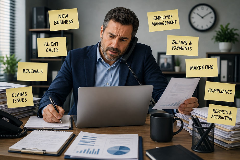 Stressed man at office desk on phone, writing and reviewing papers, surrounded by sticky notes: New Business, Marketing, Compliance.