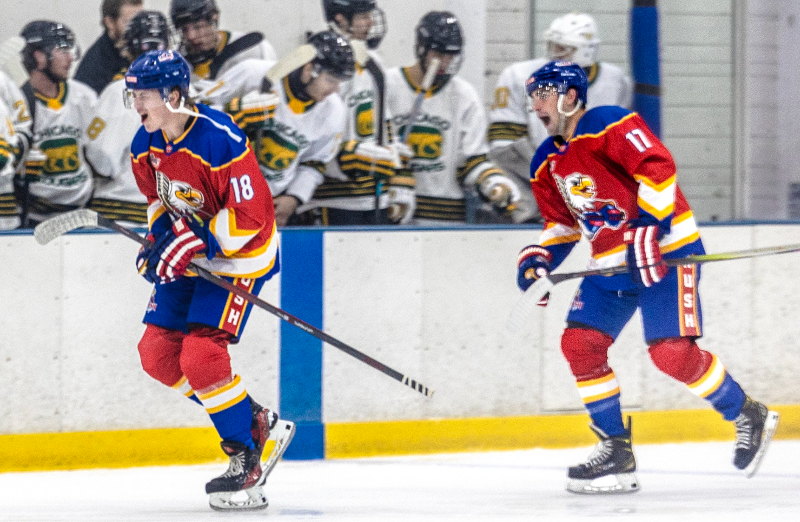 #18 William Kenny & #17 Ryan Brown celebrate the first goal of the season | Photo by Beverly Buchinger