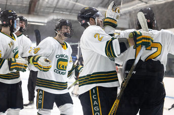 The Chicago Cougars celebrate #12 Rocco Romita's hat-trick Sunday night | Photo by Beverly Buchinger