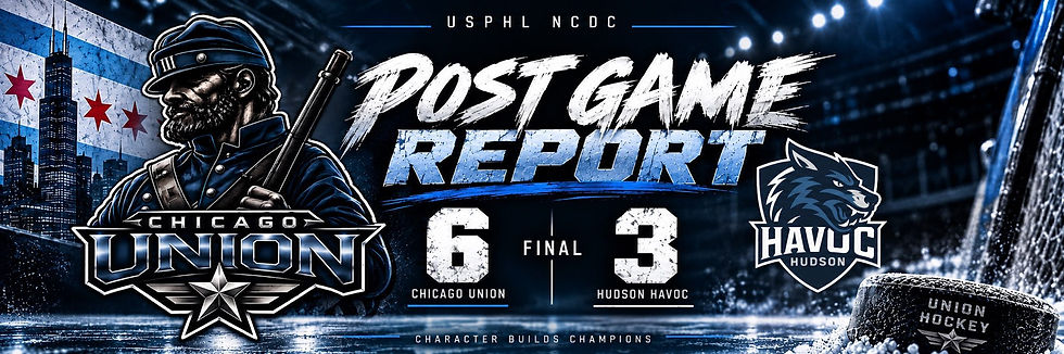 Chicago Union hockey, NCDC game recap, John Carney, Oleg Pukalo, Chicago Showcase Hero alt text: Chicago Union postgame report graphic showing a 6–3 victory over Hudson Havoc, featuring both team logos.