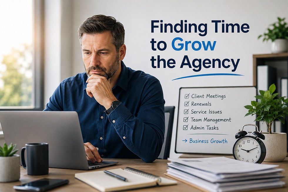 Man at laptop in office, thinking beside whiteboard reading Finding Time to Grow the Agency and checklist.