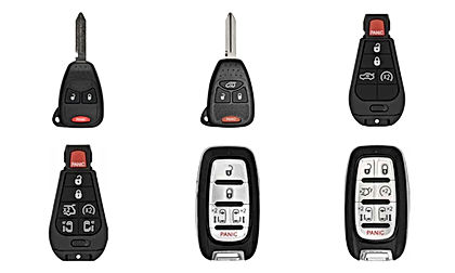 Six exemples de clés et télécommandes Chrysler sur fond blanc