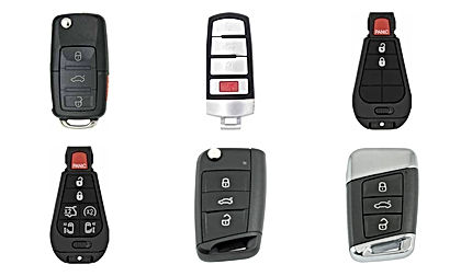 Six exemples de clés et télécommandes Volkswagen sur fond blanc