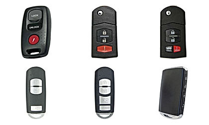 Six exemples de clés et télécommandes Mazda sur fond blanc