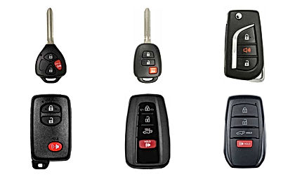Six exemples de clés et télécommandes Toyota sur fond blanc