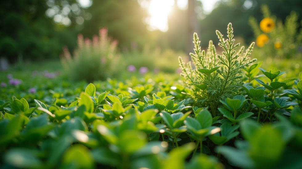 Eye-level view of a lush green garden with diverse plants
