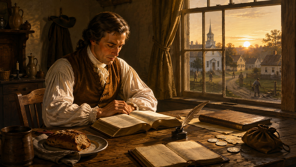 Early American citizen reading Scripture at dawn, illustrating self-government, moral discipline, and the responsibility required for liberty.