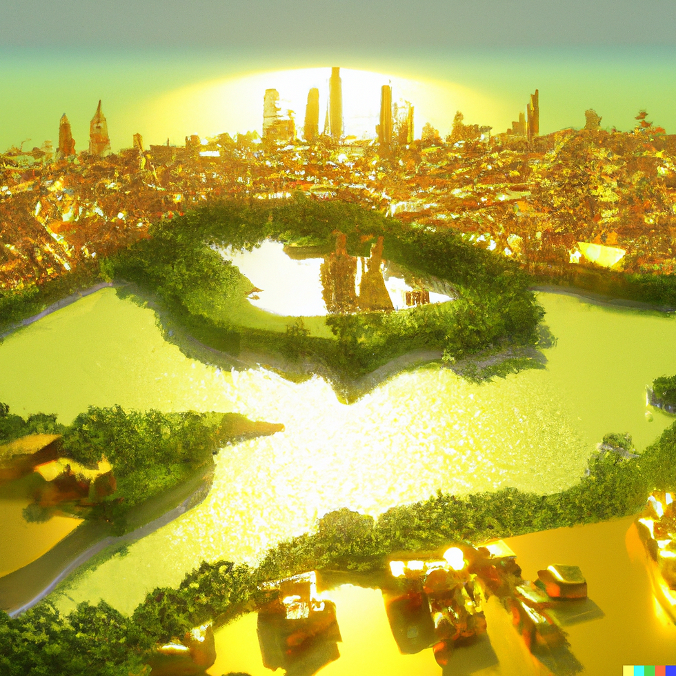 Golden aerial view of a city skyline around a winding river and green islands at sunset, glowing with bright light.