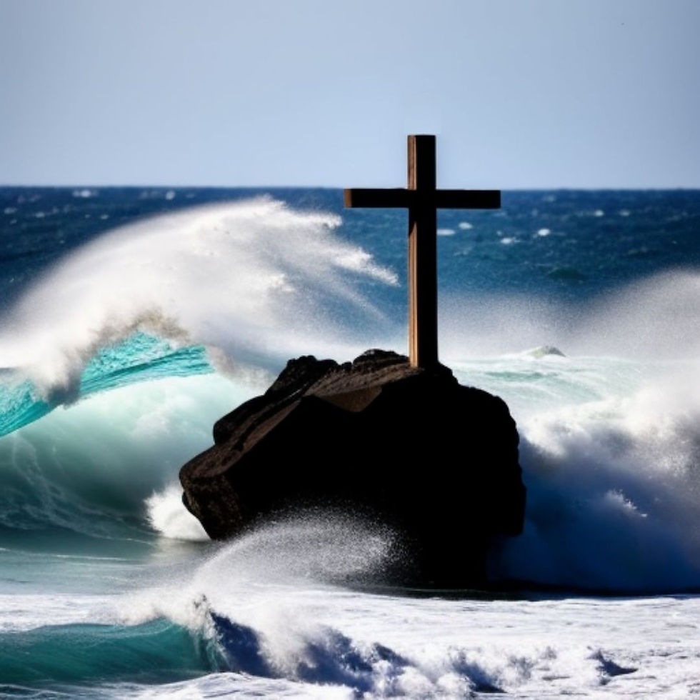 Wooden cross on a dark rock in a stormy blue sea, waves crashing and spraying around it under a calm sky.