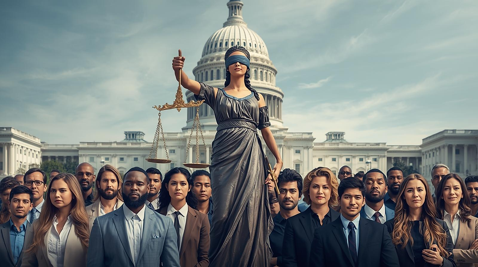 The Scales of American Justice, blinded for all people of every race.
