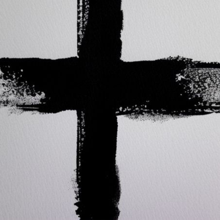 Bold black brushstroke cross on a white textured background, stark and minimalist