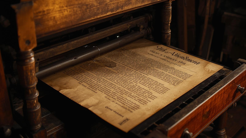 A Colonial printing press printing the First Amendment.