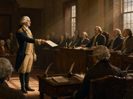 George Washington surrendering his military commission before the Continental Congress in the Maryland State House in 1783.