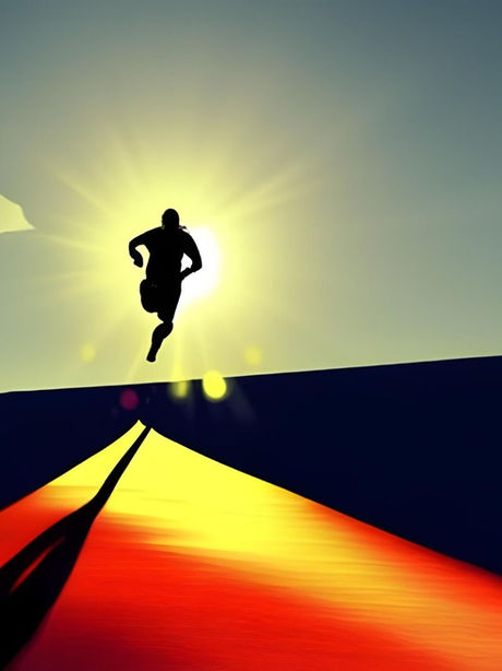 Silhouette of a runner leaping over a dark barrier at sunset, with a glowing sky and red-orange track below