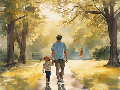 Father and young son walking hand-in-hand down a tree-lined park path in autumn, surrounded by golden foliage and warm sunlight filtering through the canopy.
