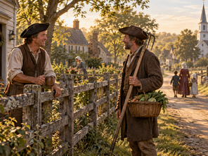 Two colonial-era men chat by a fence in a sunny village; one holds a mug and hoe, the other a basket of vegetables.