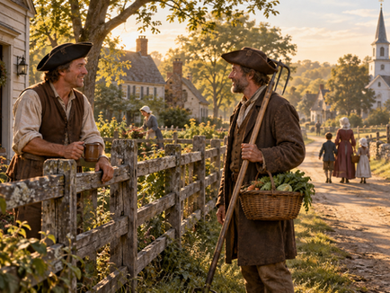 Two colonial-era men chat by a fence in a sunny village; one holds a mug and hoe, the other a basket of vegetables.