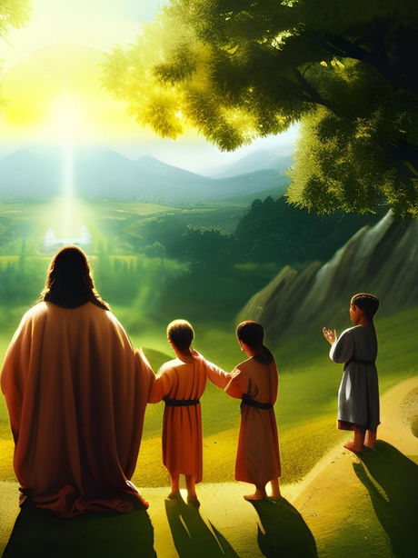 Five robed figures stand on a sunlit hill, gazing over a glowing green valley and distant mountains in a serene scene.