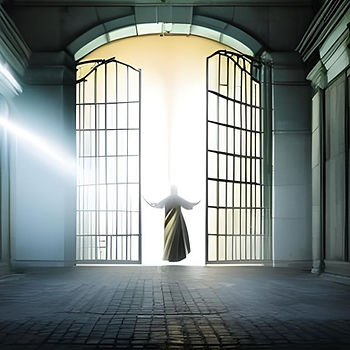 Silhouetted robed figure with outstretched arms stands in a blinding doorway between open iron gates in a moody hall