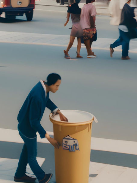 Person in blue uniform pushes a yellow trash bin across a city street, with pedestrians and a bus in the background.