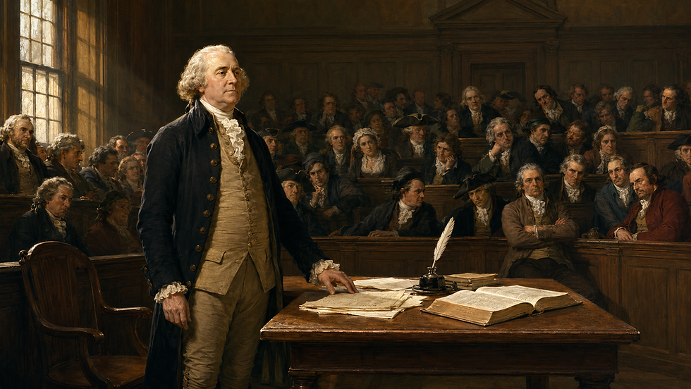 John Adams standing at a counsel table while defending British soldiers in a tense colonial Boston courtroom.
