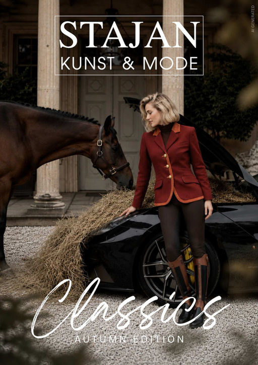 STAJAN Damen und Herren Mode Herbst Winter – roter Blazer mit Pferd und Sportwagen vor historischem Gebäude