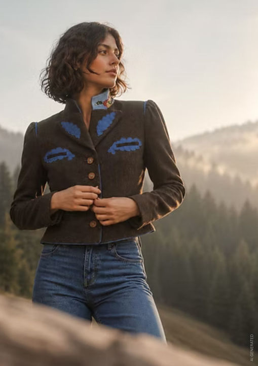 braune Damen Trachten Jacke mit Enten-Print am Stehkragen von Stajan
