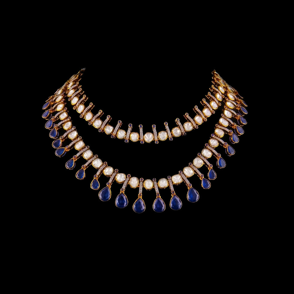 Thumbnail: Moissanite polki necklace set with blue shapphire drops in 925 silver gold plating