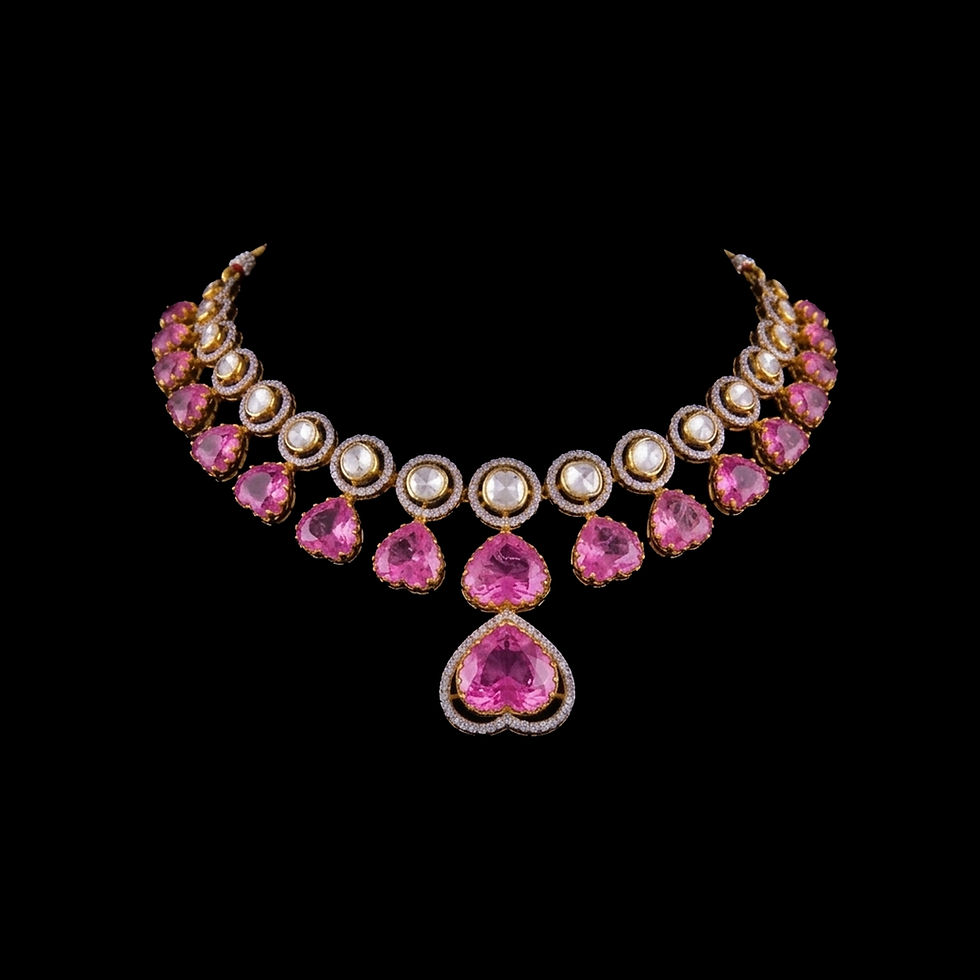 Thumbnail: Pink shapphire heart polki moissanite necklace set in 925 silver