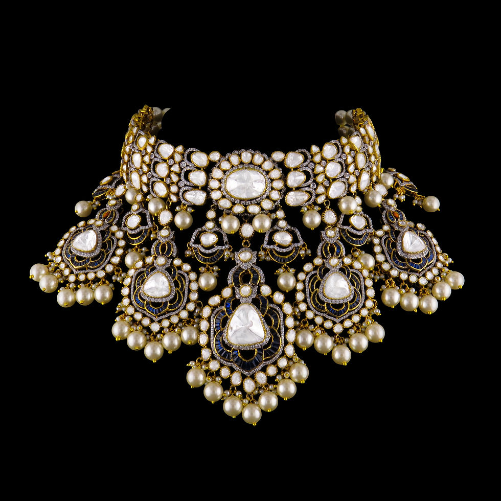 Thumbnail: 925 silver moissanite polki choker necklace set with pearls