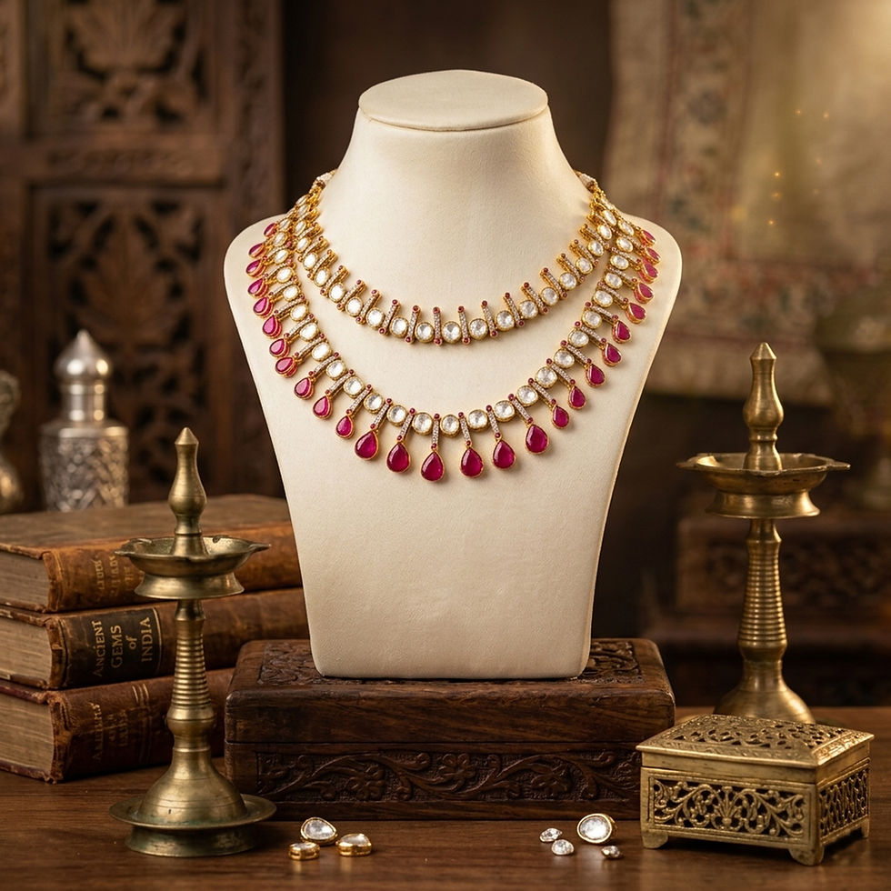 Designer silver necklace set with moissanite stones and ruby accents