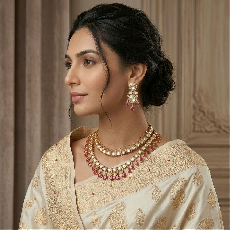 Thumbnail: 22K gold plated silver polki necklace and earrings set