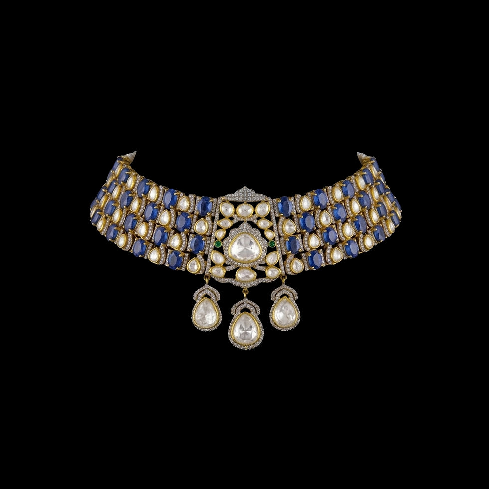 Thumbnail: Blue Sapphire-cabochon-and-polki-silver-jewelry-set-gold-finish