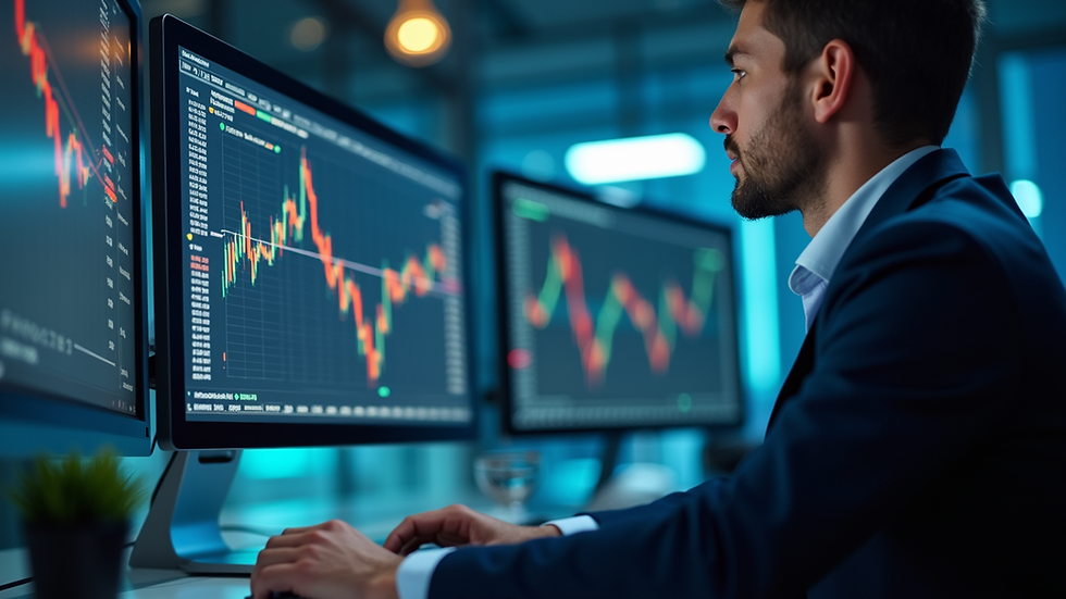 Close-up view of a financial analyst reviewing digital investment data on multiple screens