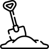 Line drawing of a shovel stuck in a pile of soil. Black outline with transparent background