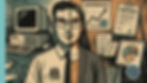 Split image of a person in a suit and casual outfit. Left: vintage computer; Right: charts with "Performance" and "Contract." Retro style.