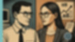 Two illustrated people face each other with serious expressions. Background shows an HR graph and documents. Beige, teal, and black tones.