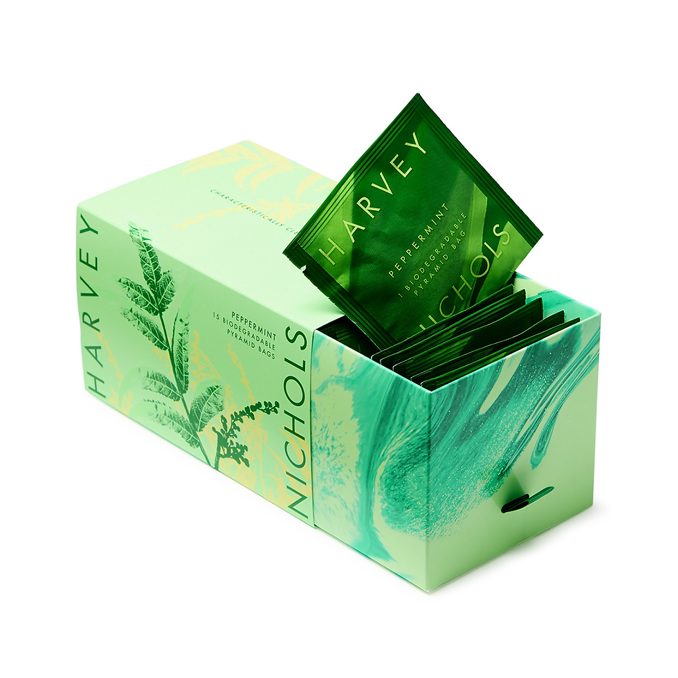 Harvey Nichols Peppermint 15 Biodegradable Pyramid Teabags 22g in a green box display.
