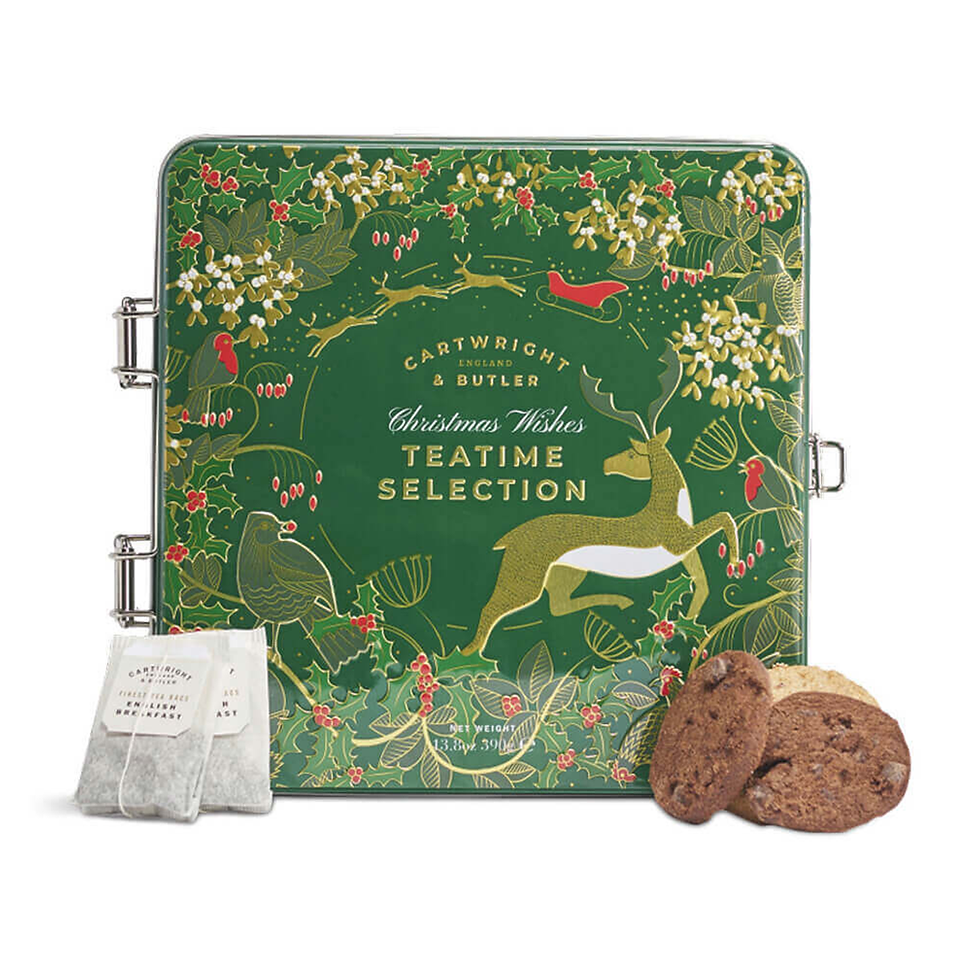Cartwright & Butler Christmas Wishes Teatime Selection 390g, green tin box with treats