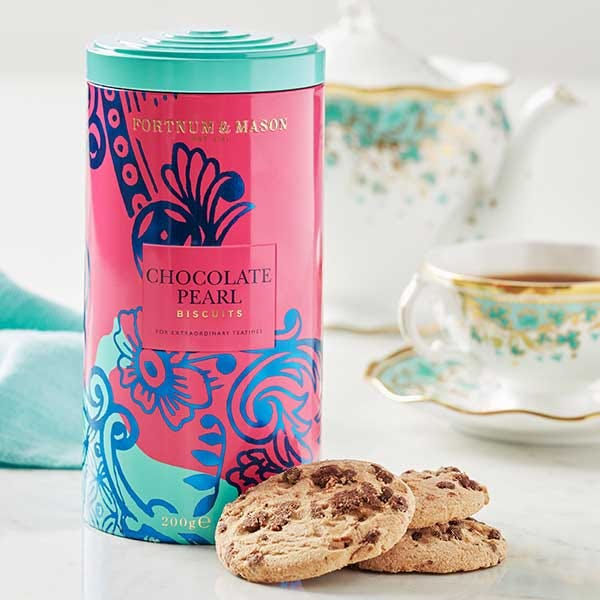 Fortnum & Mason Chocolate Pearl Biscuits tin, showing elegant, chocolate-coated round shortbread biscuits