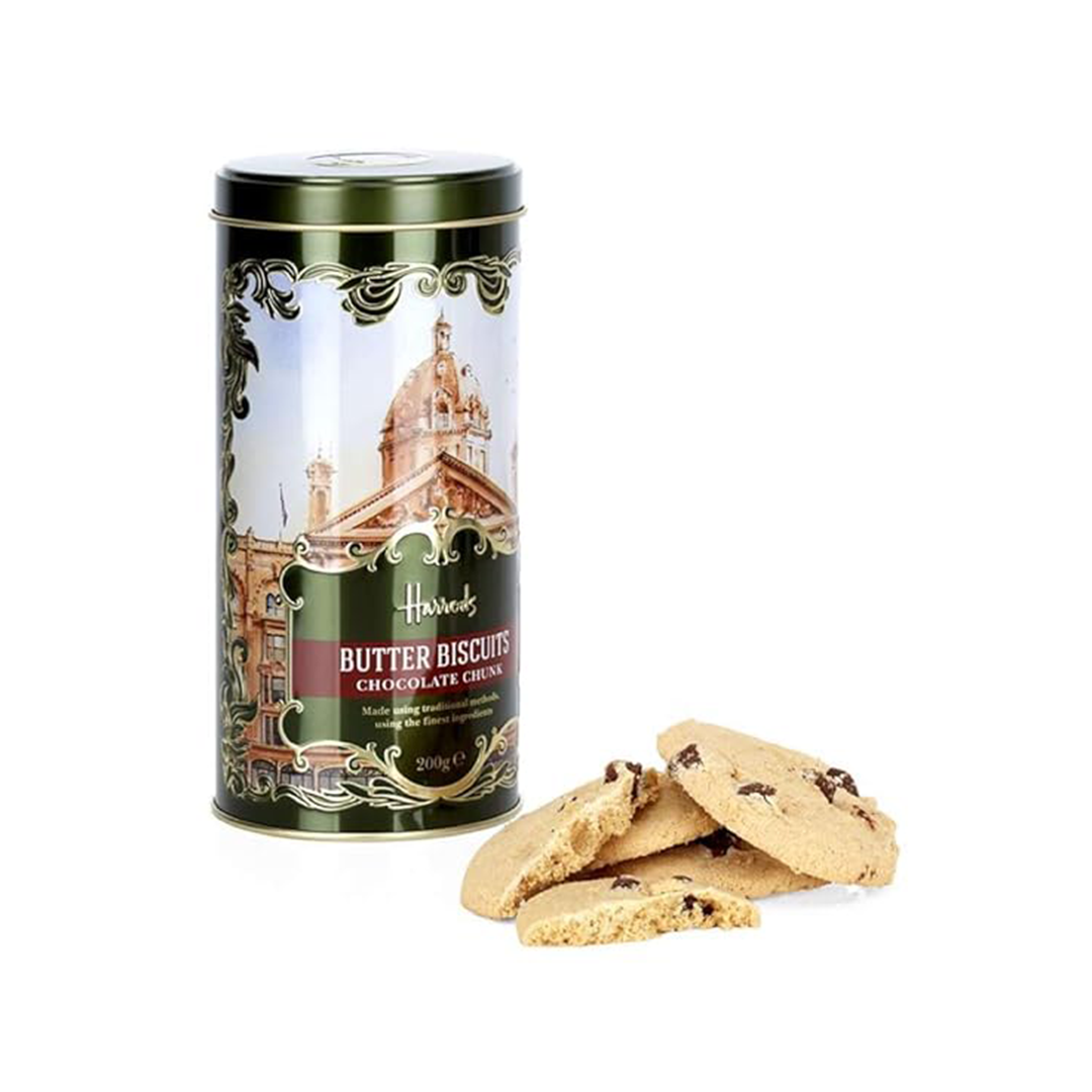 Harrods Butter Biscuits with chocolate chunks in a tin
