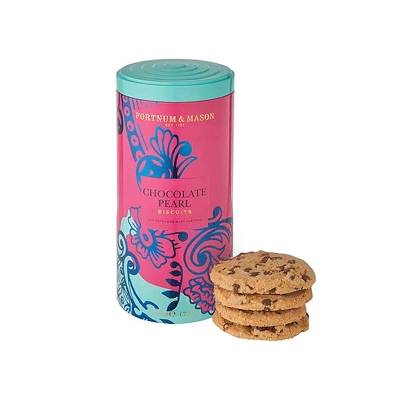 F&M Chocolate Pearl Biscuits, highlighting luxurious butter biscuits generously covered in rich milk chocolate, presented in a classic Fortnum & Mason caddy