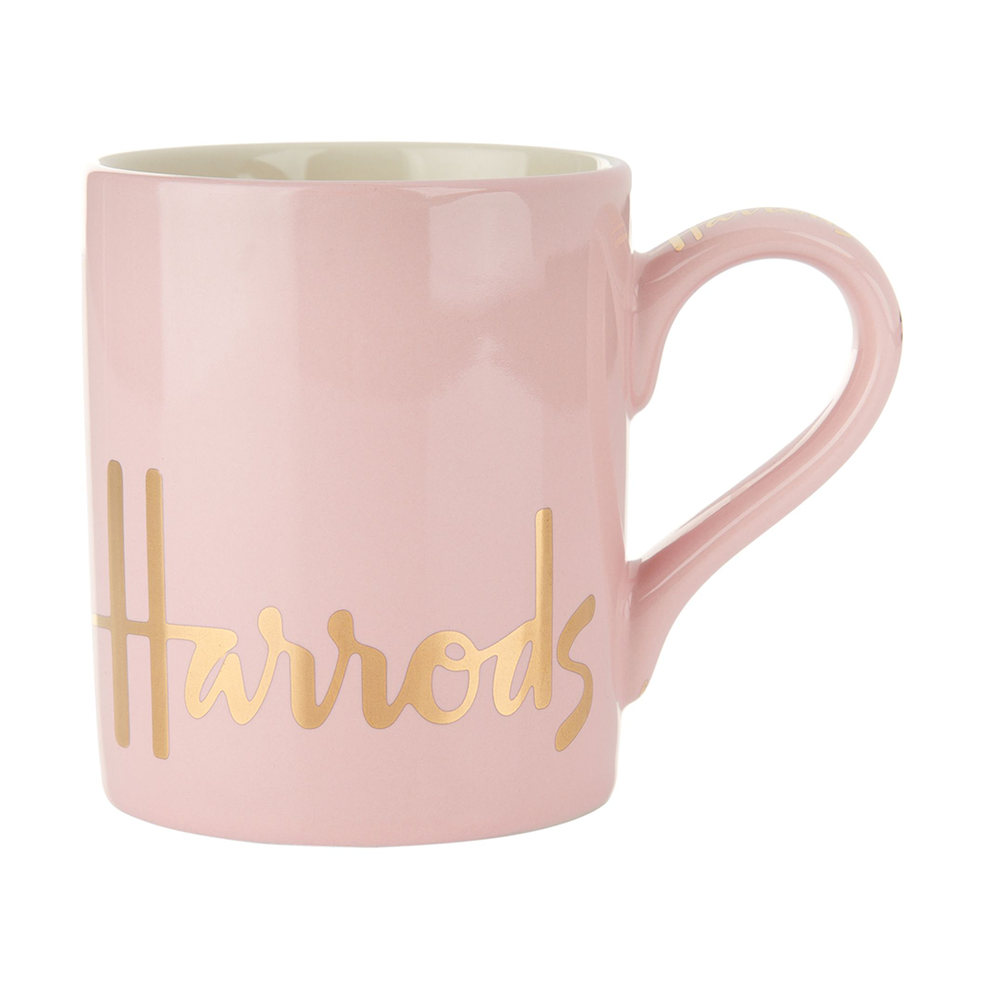 Harrods pink mug, gold logo