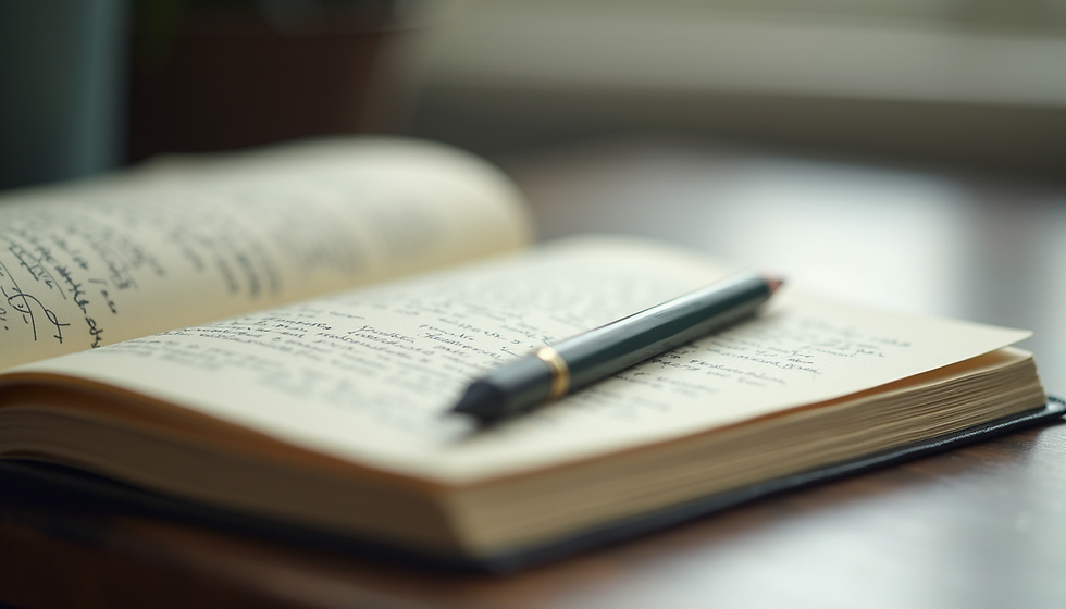 Open notebook with handwritten text and a black fountain pen resting on it. Soft light and warm tone create a calm, introspective mood.